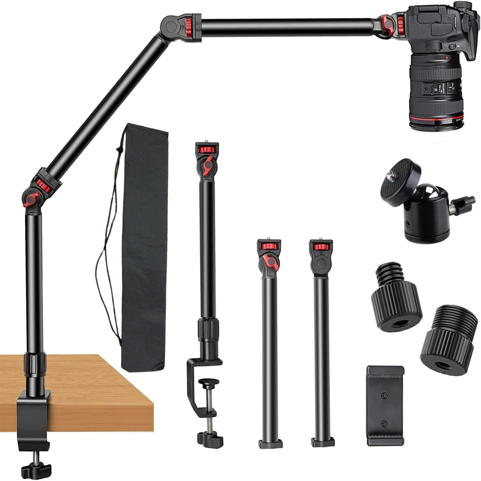 Sponsored Ad – Overhead Camera Mount Desk Stand, 3-Section Flexible Detachable Articulating Arm with 1/4“ 3/8" 5/8" Screw&360° Ball Head, C-clamp Tabletop Mount for DSLR Camera/Webcam/Microphone/Lights