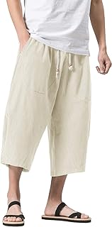 Men's Linen Cotton Capri Pants Loose Fit Elastic Waist Wide Leg Baggy Harem Pants