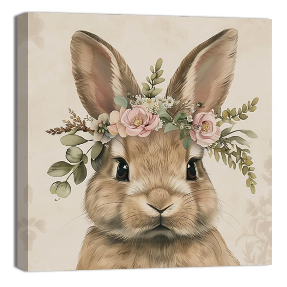 LMYSXAOZ Bunny Canvas Wall Art Cute Animal Wearing a Flower Crown Picture Prints Retro Easter Rabbit Paintings Nursery Baby Room Decor Frame(20.00" x 20.00")