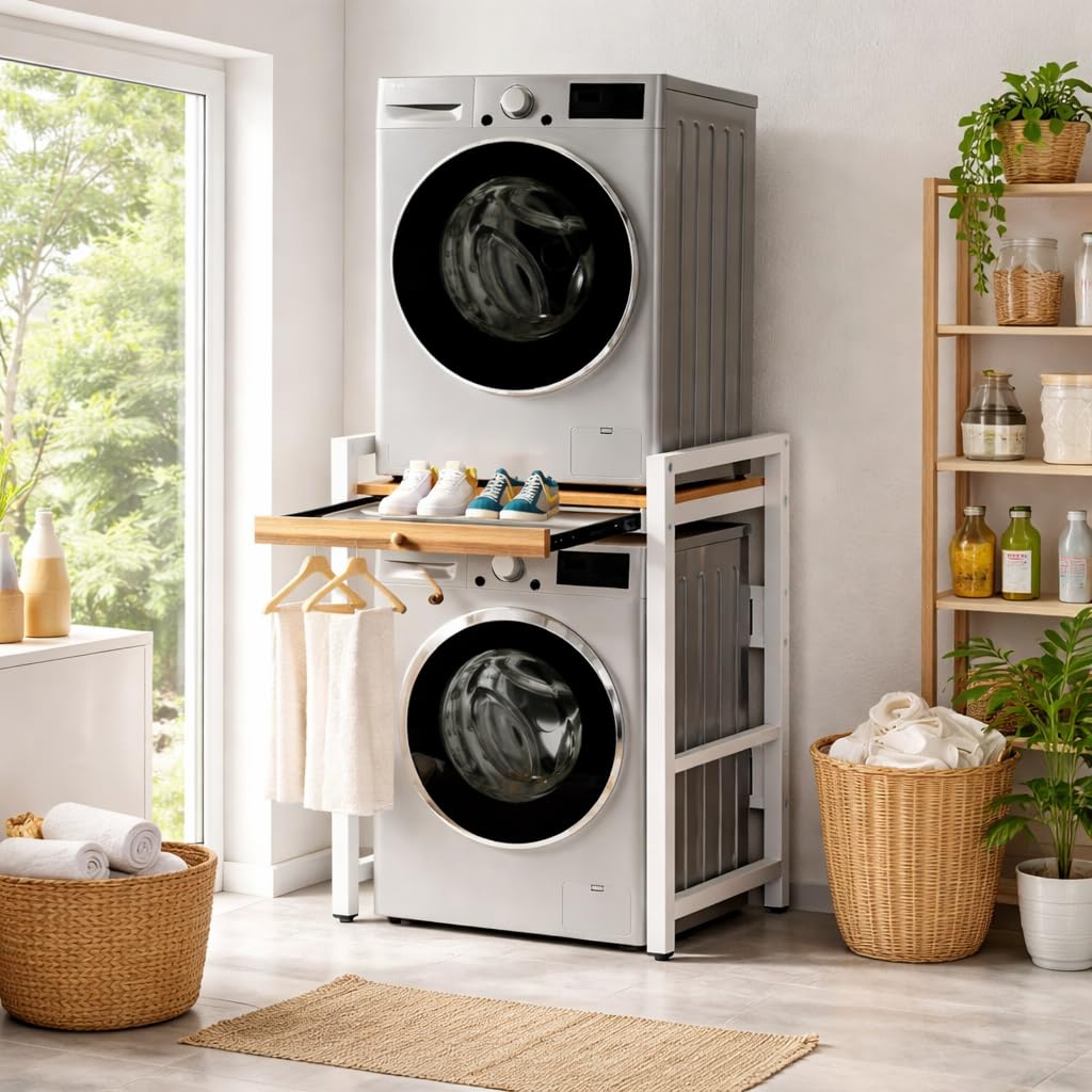 Regal über Waschmaschine mit Ausziehbarer Handtuchhalte,Waschmaschine Trockner Schrank, Waschmaschinenschrank mit Trockner, Lagerregal über Der Waschmaschine (Weiß)