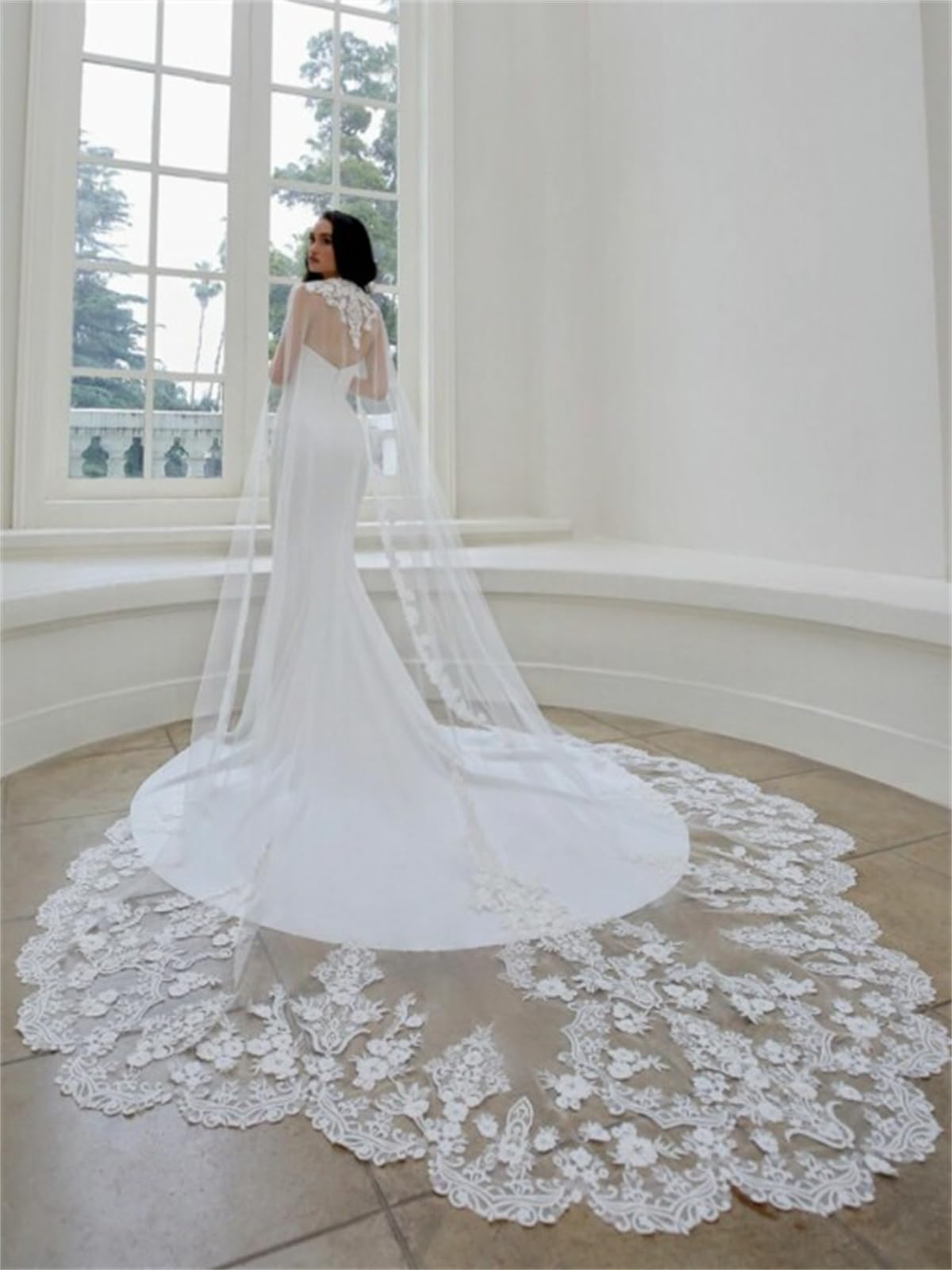 Chal de boda de tul con encaje floral largo largo catedral, capa de novia para novia, 3M, color marfil/blanco