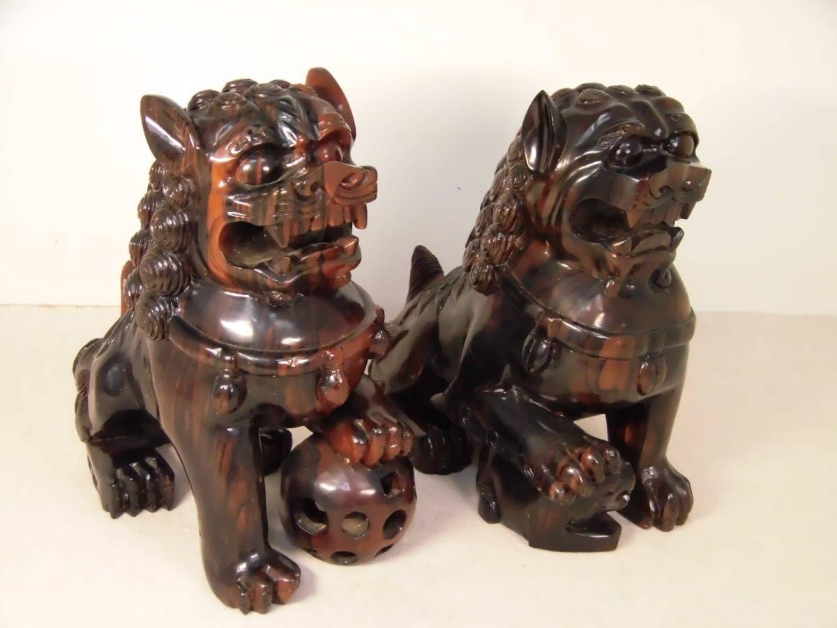 獅子 木彫り 対 柱 12cm 八寸角 シーサー（魔除け金獅子「屋根シーサー 
