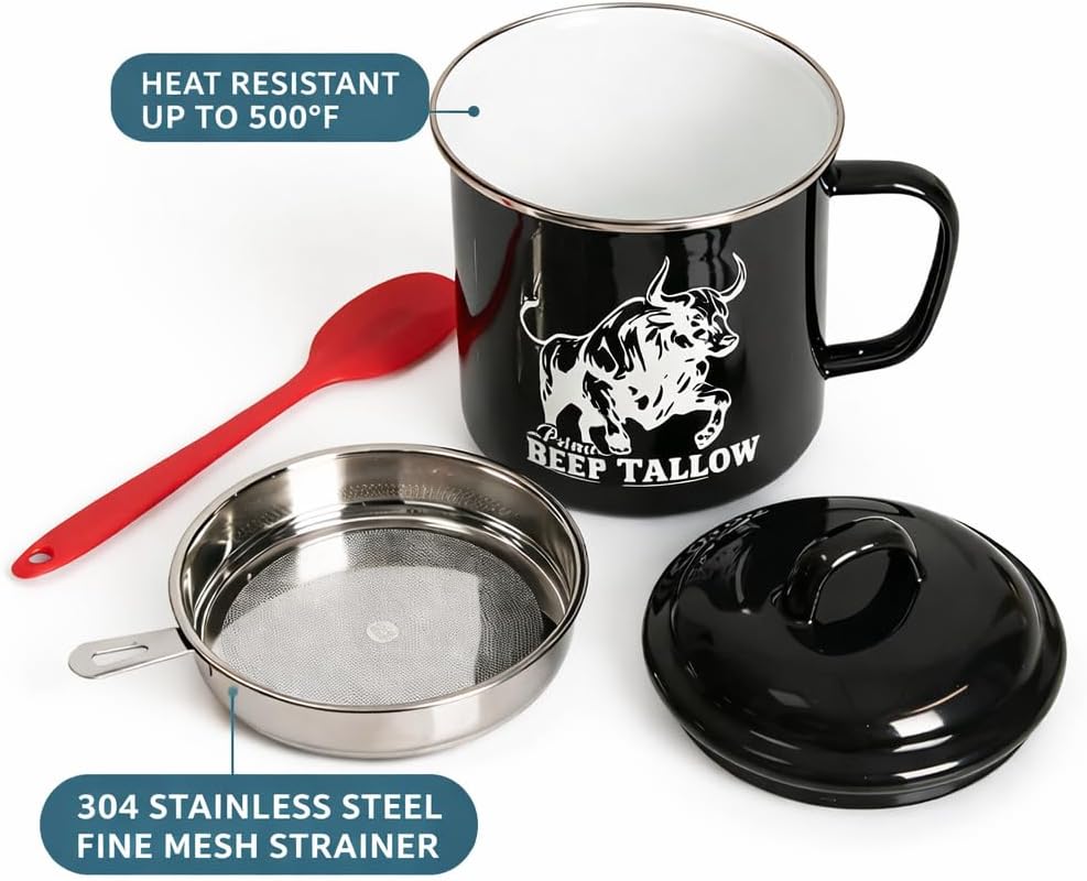 Beef Tallow Container with strainer for Fat Storage – 40 floz–1.1 L– Bacon Grease Container, Strainer, & Spatula for Brisket Drippings, Lard, & Oil– Grease Keeper for Kitchen - Dishwasher Safe (Black) image 5