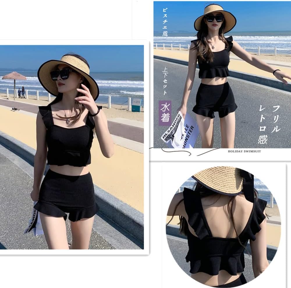 [MeetMatcha] 水着レディース 2点セット ハイウエストビキニ 可愛い フレア セクシー 温泉 かわいい 体型カバー 上下セット水着 オシャレ ニット