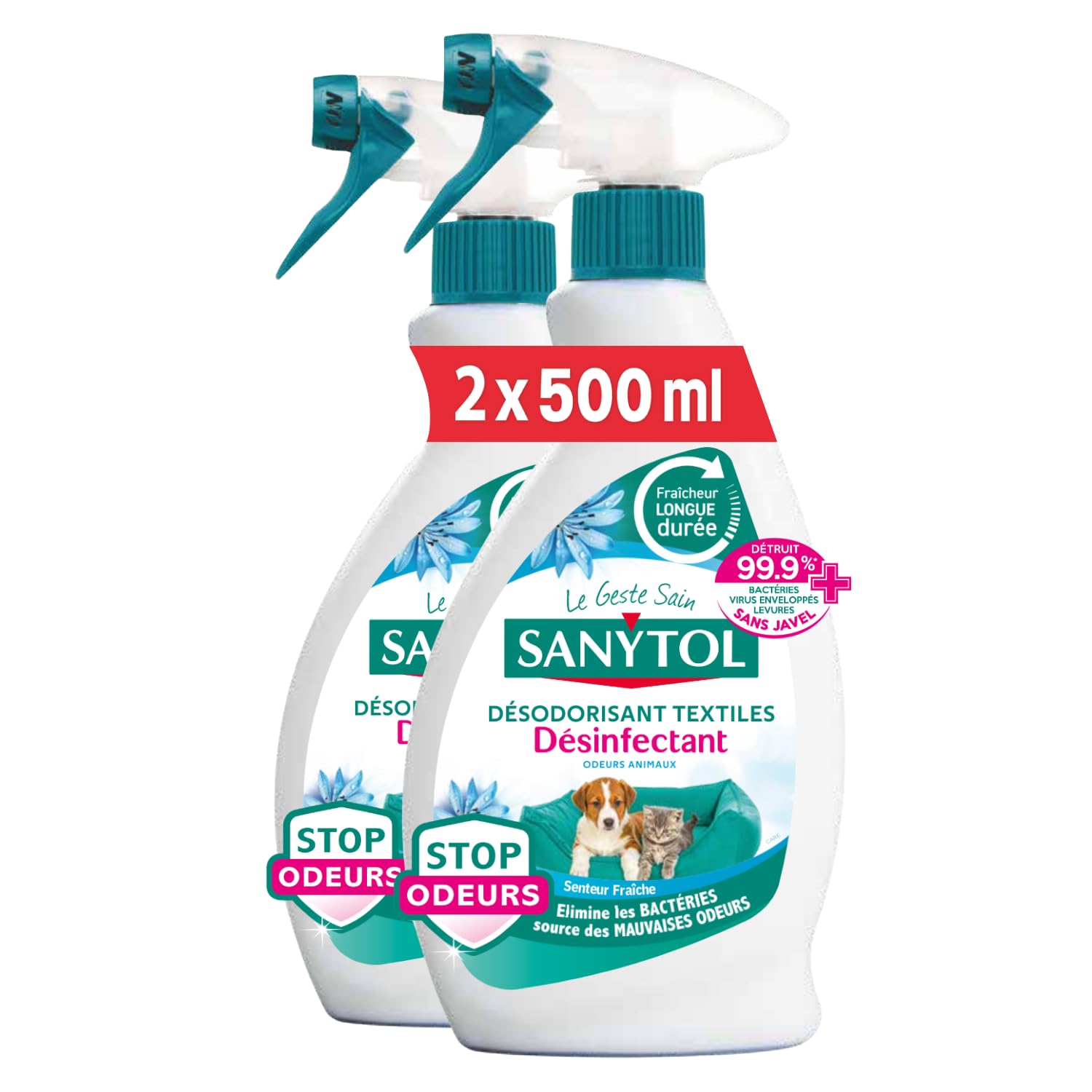 Sanytol - Deodorante Tessile Disinfettante - 500 ml - Set di 2 - Tutti i tipi di tessuti - Battericida, Virucide - Senza Residui Aggressivi - Non macchia