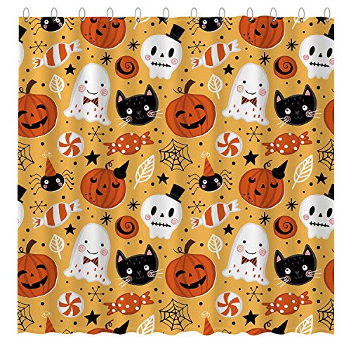 Funnytree Halloween Shower Curtain Set with Hooks Cute Cartoon Pumpkin Spooky Ghost Home Bathroom Bathtubs Decor Easy Care Washable Durable Polyester Fabric 72