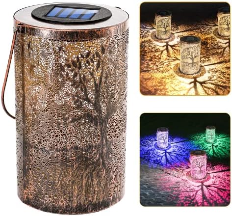 MerKioo Lantern Solar Lights Outdoor, Color Changing/Warm White Hanging Garden Solar Lanterns Retro Metal Tree Decor Solar Lights Waterproof for Yard Table Patio Party (1 Pack, RGB/WW)