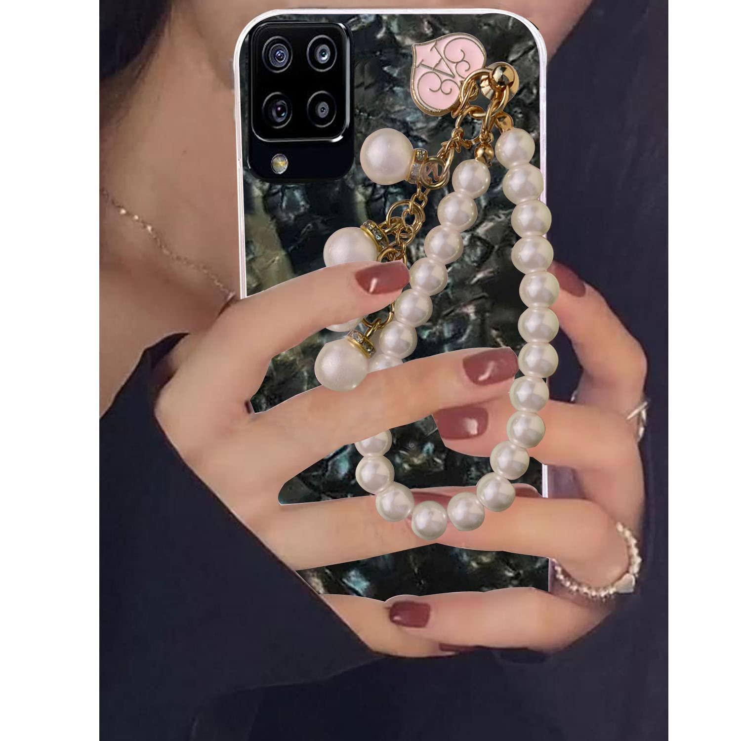KC Back Cover for Samsung Galaxy A12, Cute Luxury Shiny Pearls Wrist Hanging Chain Soft Silicone Marble Shell Case (Black) (B09MKD6ZKX) Amazon Price History, Amazon Price Tracker