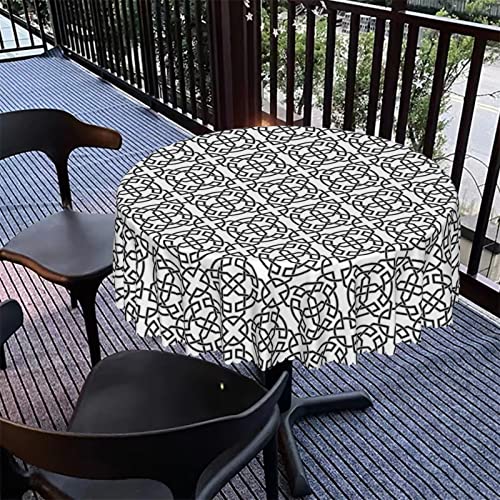 Celtic Pattern Round Table Cloth, 60 Inch, Waterproof Fabric Decorative, Durable Reusable Table Clothes, Wipeable Spill Proof Wrinkle Resistant For Kitchen Dining Dinner Shower Parties, White Black #TOP4