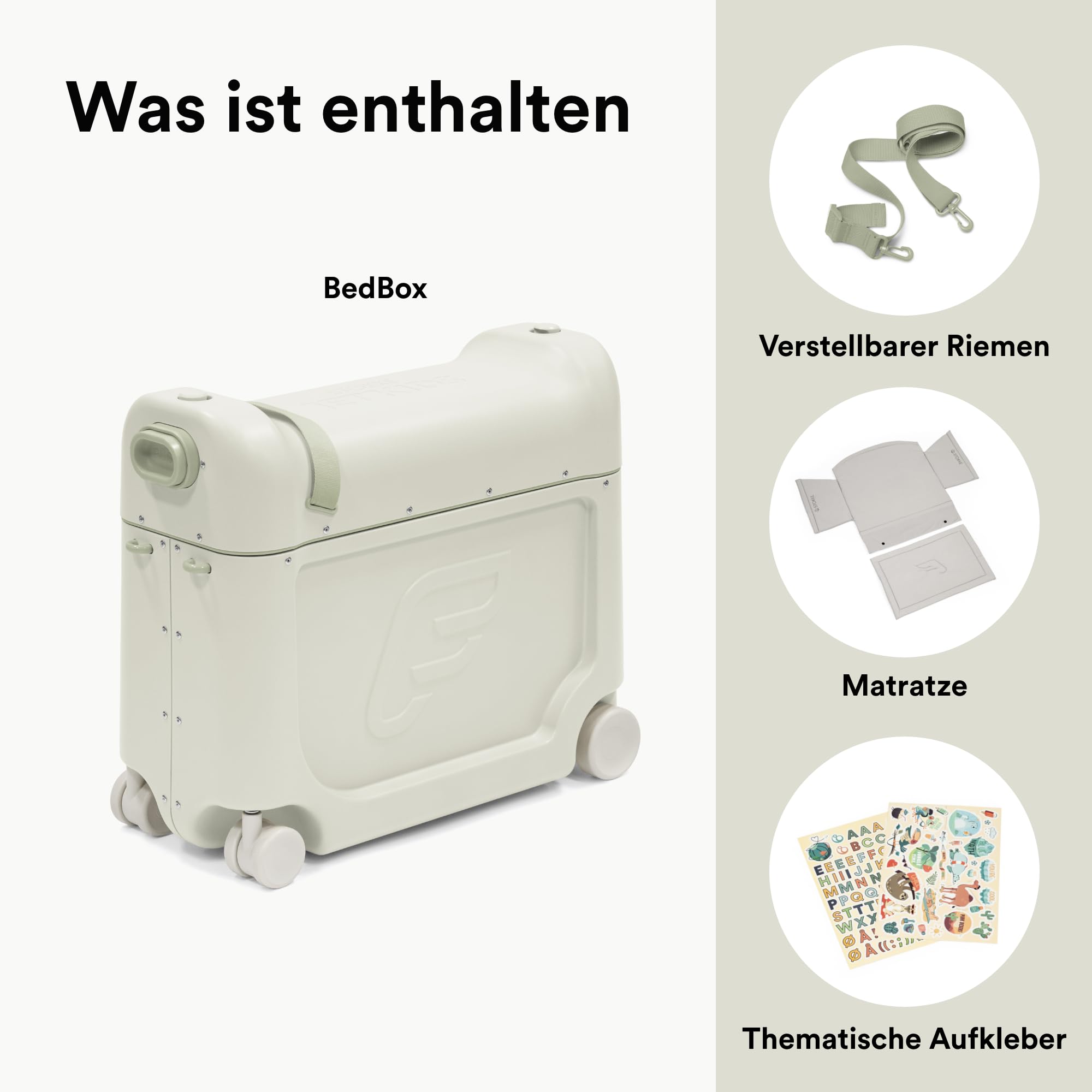 Stokke JetKids BedBox, Sea Green - Aufsitzkoffer für Kinder von 2-7 Jahren (bis 35 kg) - Lässt Sich in EIN Bett verwandeln - Inklusive Matratze, dekorativen Aufklebern & verstellbarem Tragegurt