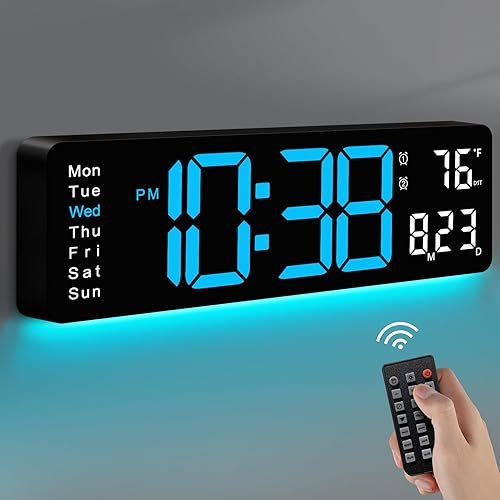 MASHI Reloj de pared digital, reloj digital de pantalla grande de 16 pulgadas con control remoto, reloj de pared con atenuación automática con luz