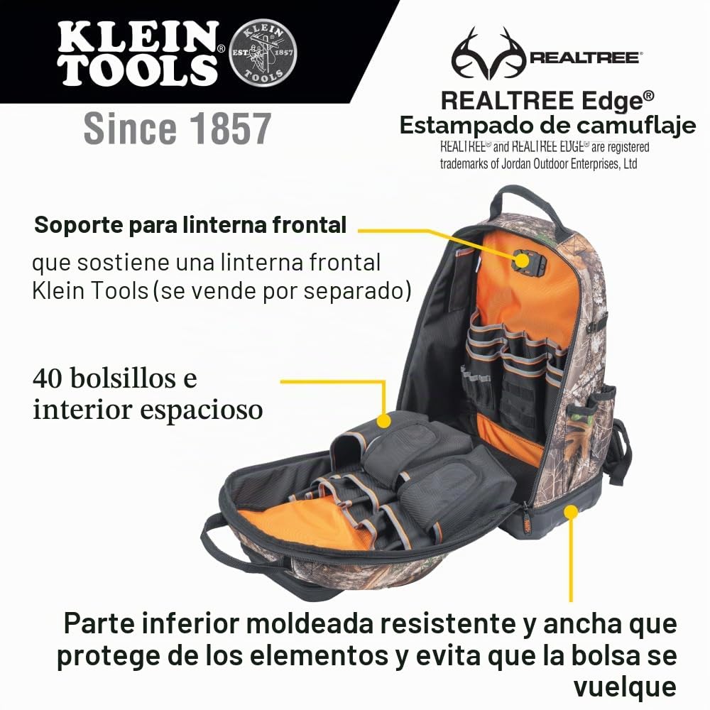 Klein Tools 62800BPCAMO - Mochila de herramientas Tradesman Pro, extragrande, con 40 bolsillos, con parte inferior moldeada, puerto de carga