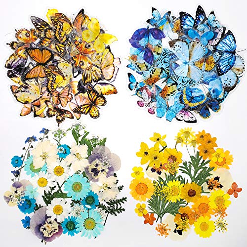 160 PCS Real Dried Pressed Flowers Leaf Plant Herbarium and Butterfly Transparent Stickers for Resin Mold Jewelry Making (Yellow and Blue)