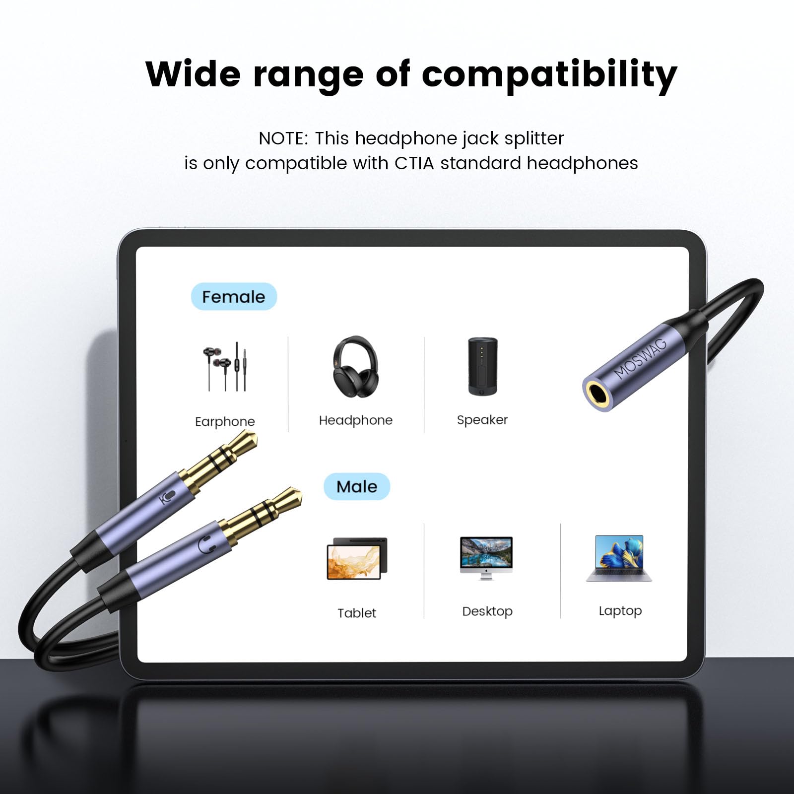 MOSWAG Headphone Mic Cable Splitter, 3.5mm Female to Dual 1/8 Male Audio Splitter for PC Gaming, 3.5mm Jack Audio Adapter 24K Gold-Plated with Noise Cancellation for Laptop/Speakers/Mic