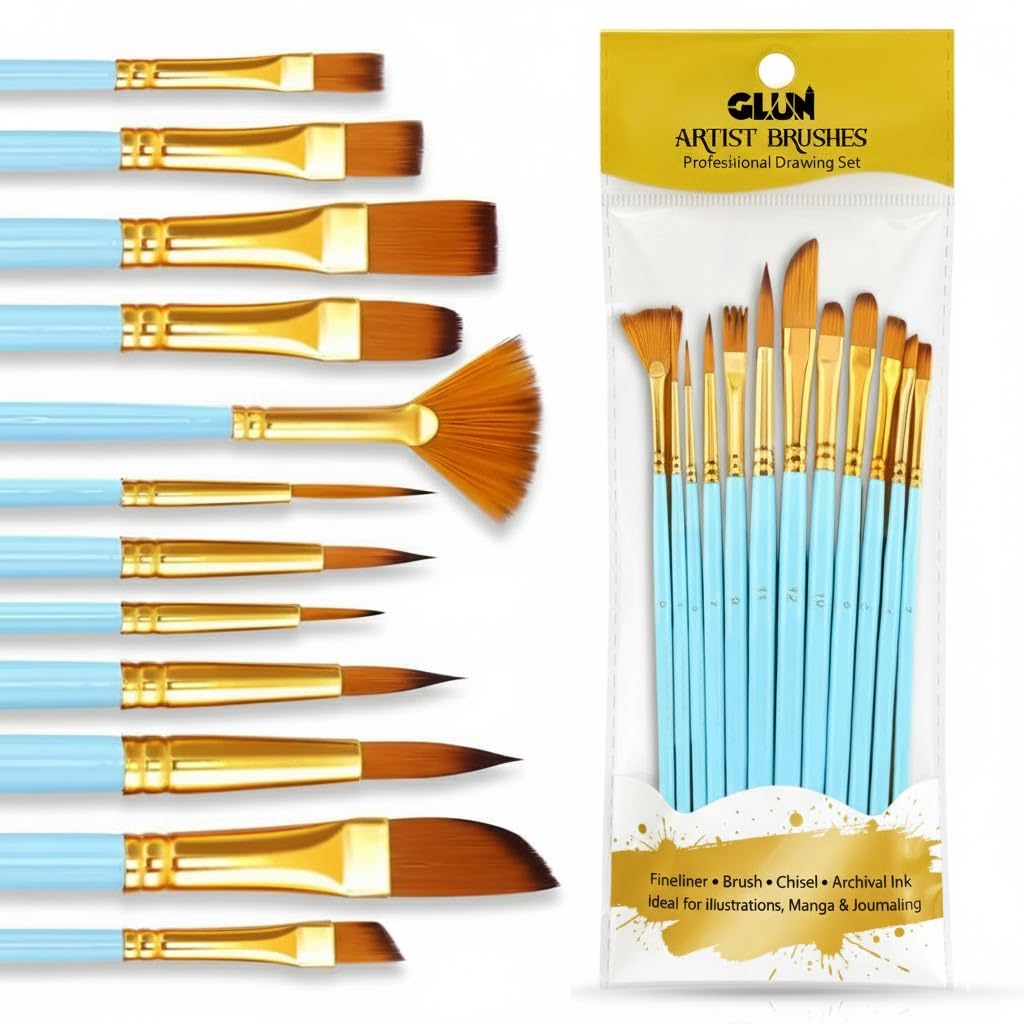 12 Different Professional Paint Brush Set for Artists, Turquoise Colour Students use Paint Brushes, Wide & Fine Tip, Nylon Hair Artist Drawing Brushes
