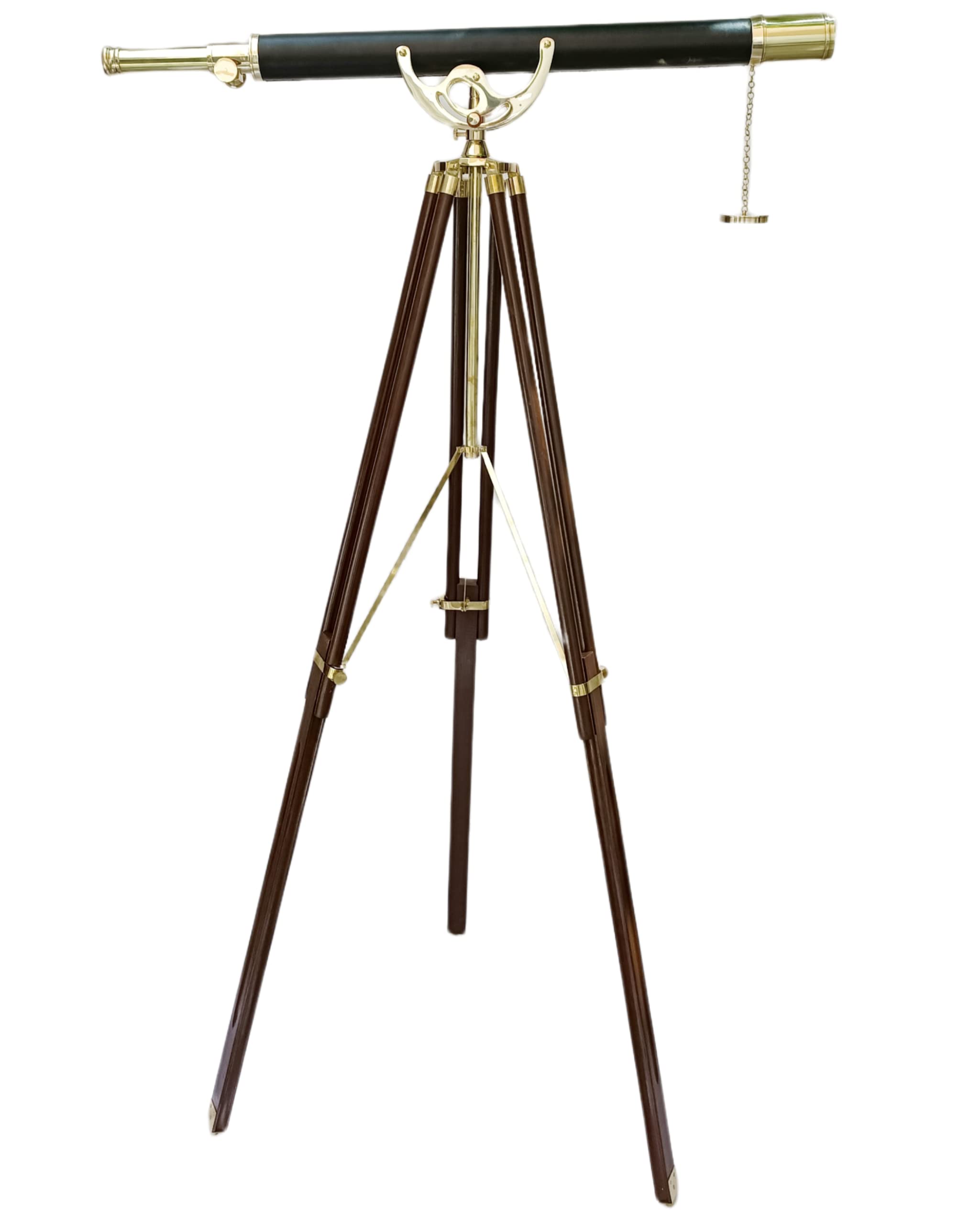 Antique Maritime Floor Standing Brass & Leather Telescope Adjustable Wooden Tripod Stand Shiny Brass Finish Home Decor