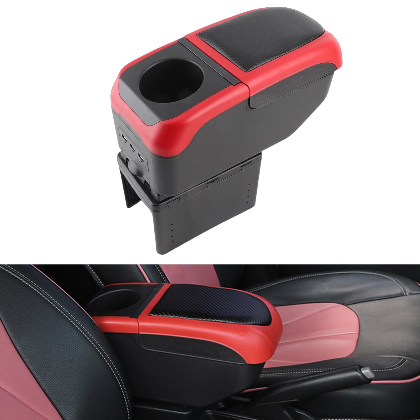 Wakects Organizer do Centralnego Przechowywania w Samochodzie, Podłokietnik ze Skóry ABS PU z 2-warstwowym Schowkiem i 6 Portami USB, Regulowany, Przesuwany Organizer w Konsoli środkowej do SUV-ów,