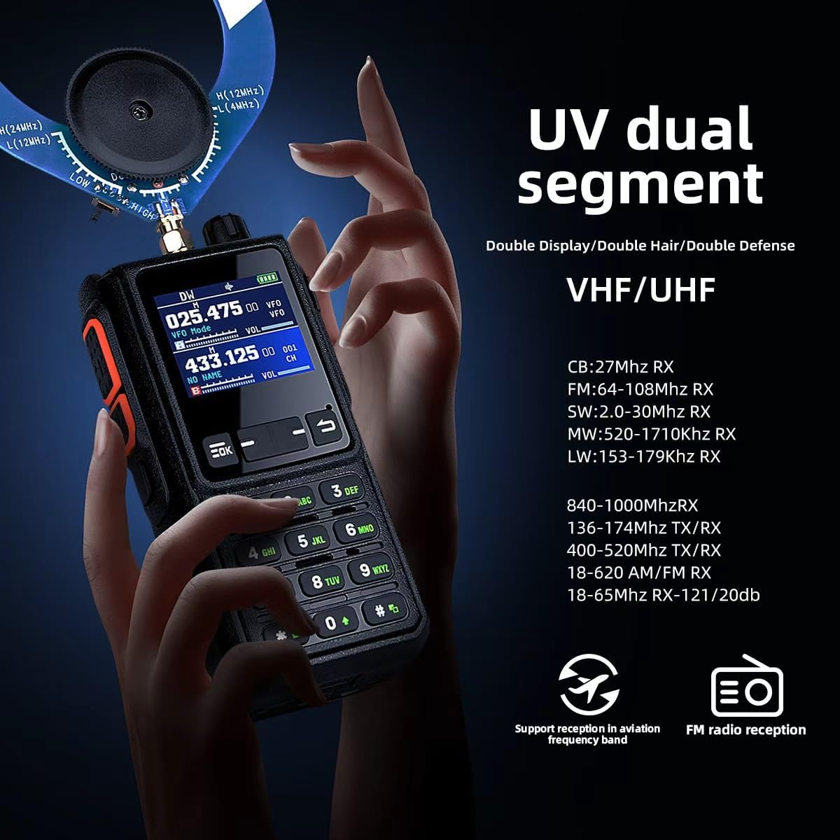 SHJ H28Y Pro radio displaying UV dual segment capabilities and frequency ranges