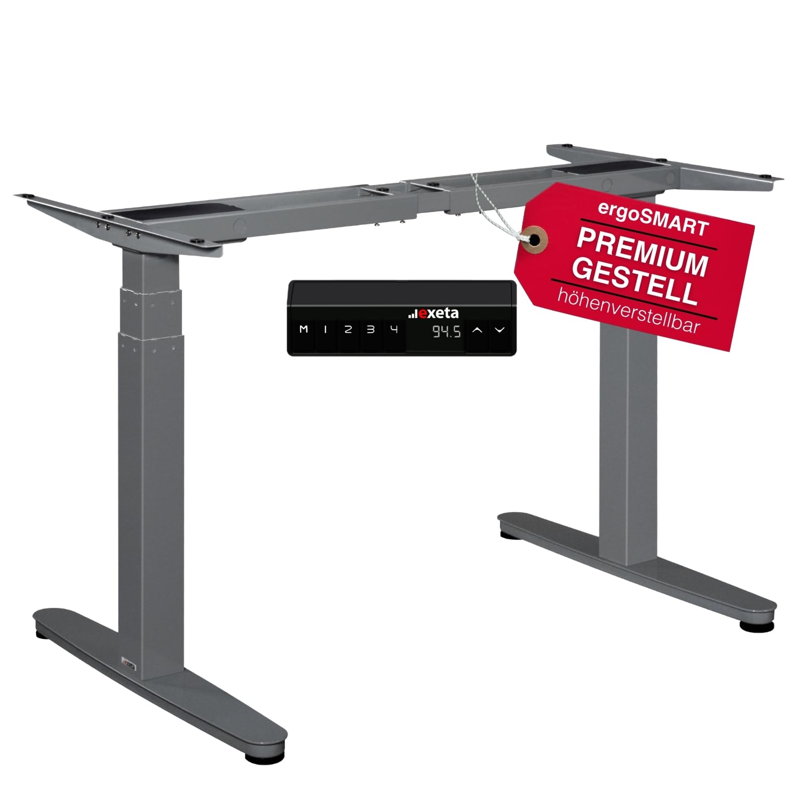 ergoSmart höhenverstellbarer Schreibtisch Gestell elektrisch 64,5-129,5cm in grau I Schreibtischgestell höhenverstellbar mit 2 Motoren I Tisch höhenverstellbar mit 3-Fach-Teleskop