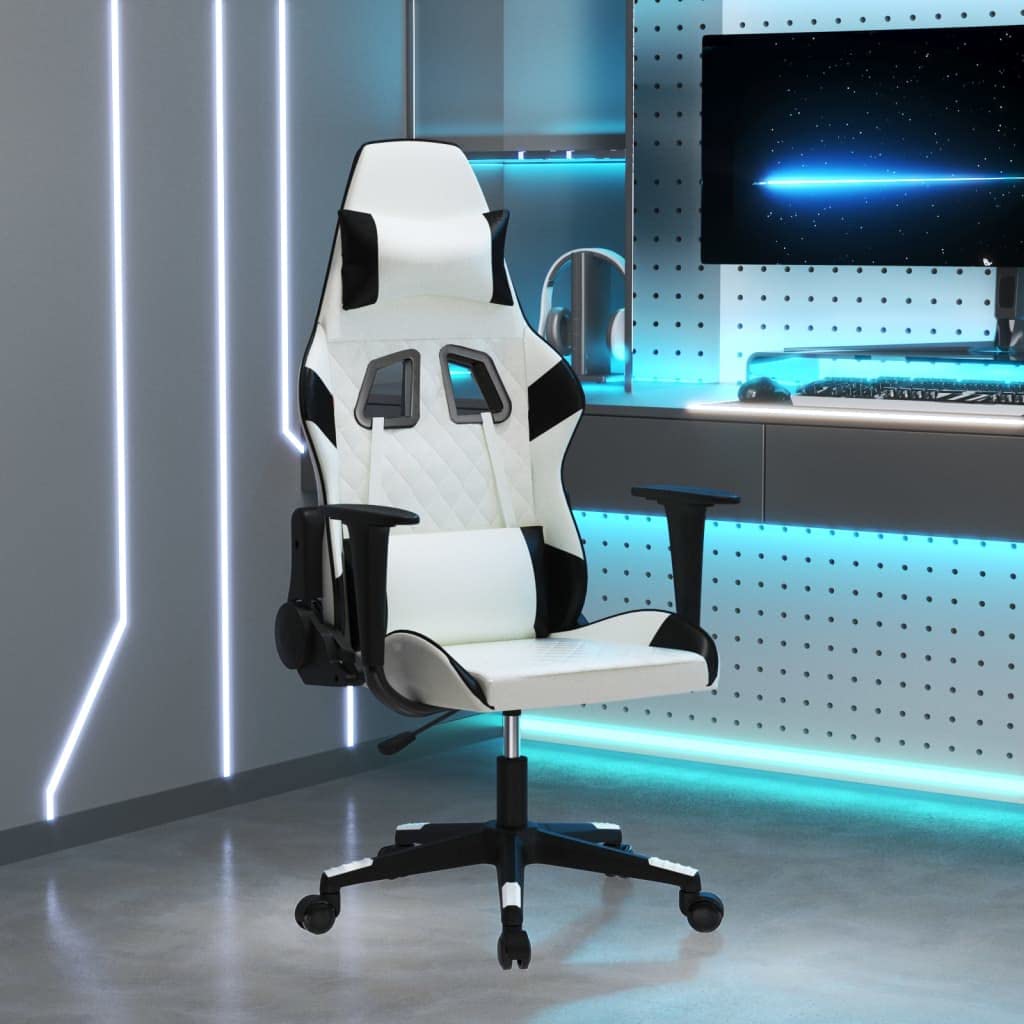Fotel gamingowy z funkcją masażu, sztuczna skóra, biało-czarny, krzesło obrotowe i fotel szefa do domowego biura i biura, ergonomiczne krzesło biurowe dla graczy komputerowych