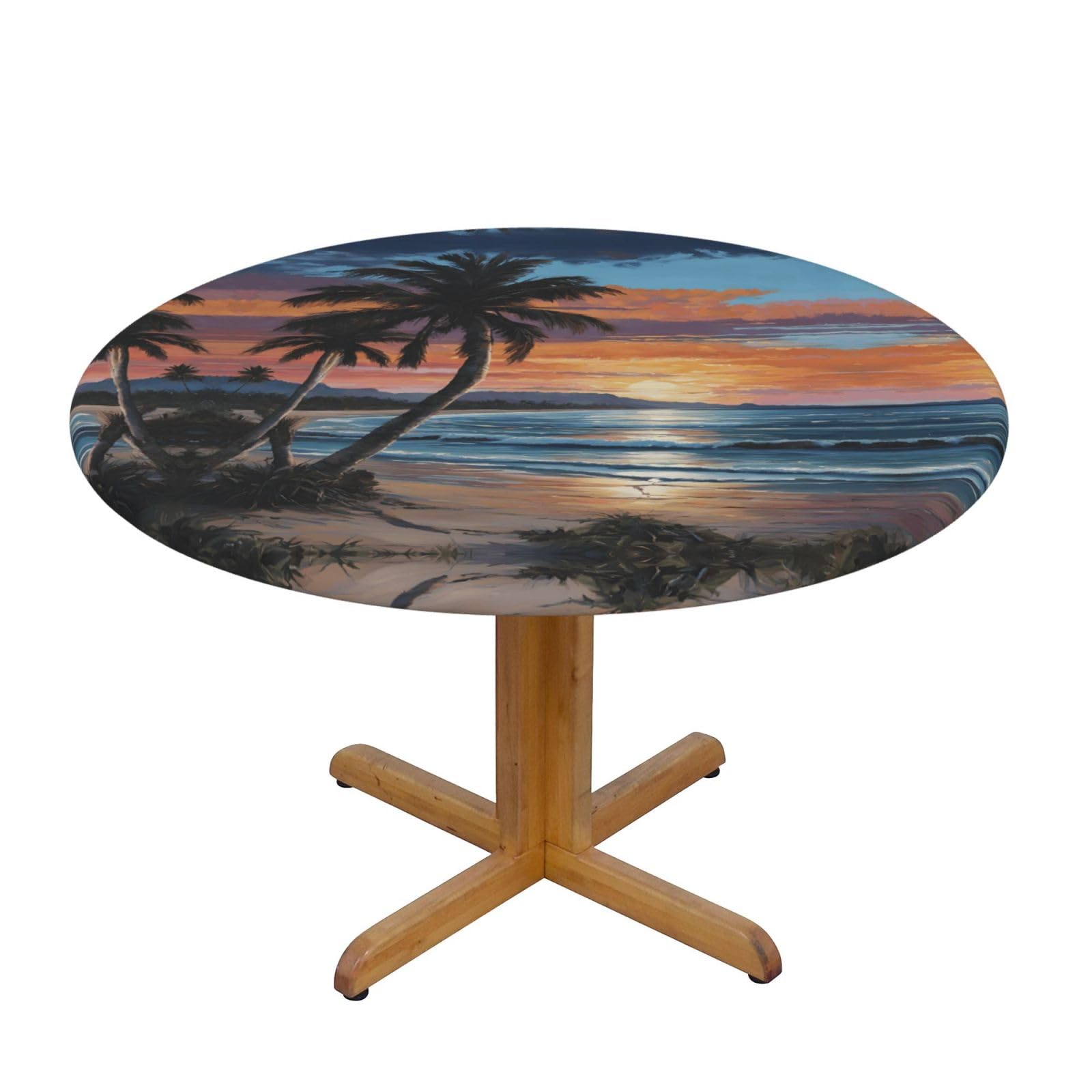 EZDLOWVBA Coconut Beach Sunset Hammock print Round Tablecloth with Elastic Fits Tables Outdoor Tablecloth,Stain Resistant Table Cover for Kitchen Dining Parties