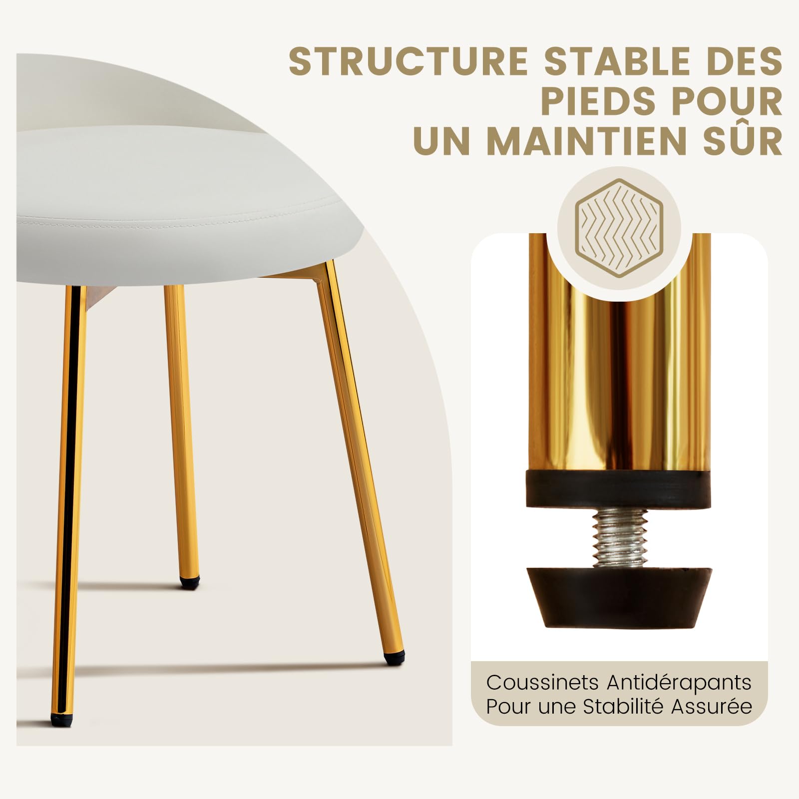 Hellove Tabouret Coiffeuse avec Pieds en Métal Doré, Tabouret de Maquillage Moderne Rond, Chaise de Coiffeuse en Cuir, Stool de Pied avec Dossier Courbé pour Salle À Manger, Chambre, Salon, Blanc