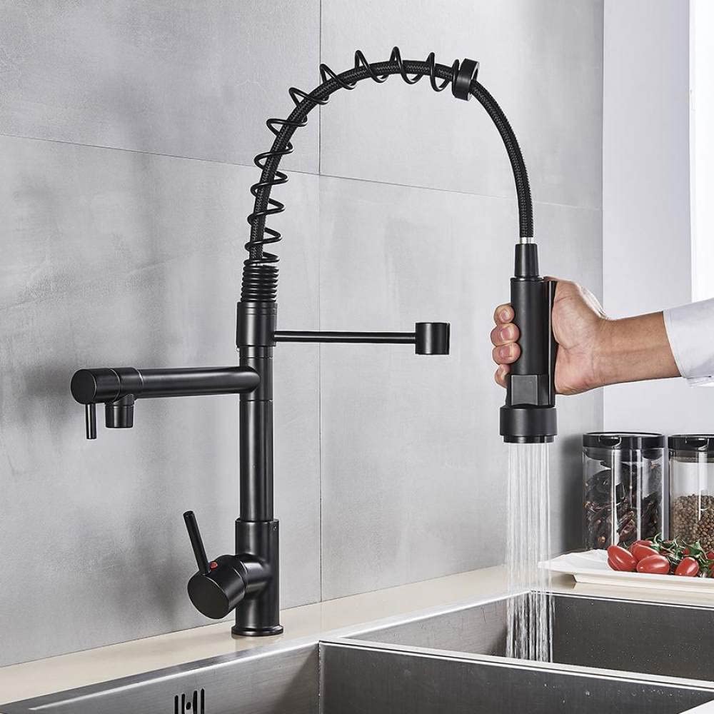 MXXQRHF Matte Black Finish Dual Spout Kitchen Sink Faucet Deck Mount Spring Kitchen Mixer Tap Kitchen Hot and Cold Water tap,Matte Black A