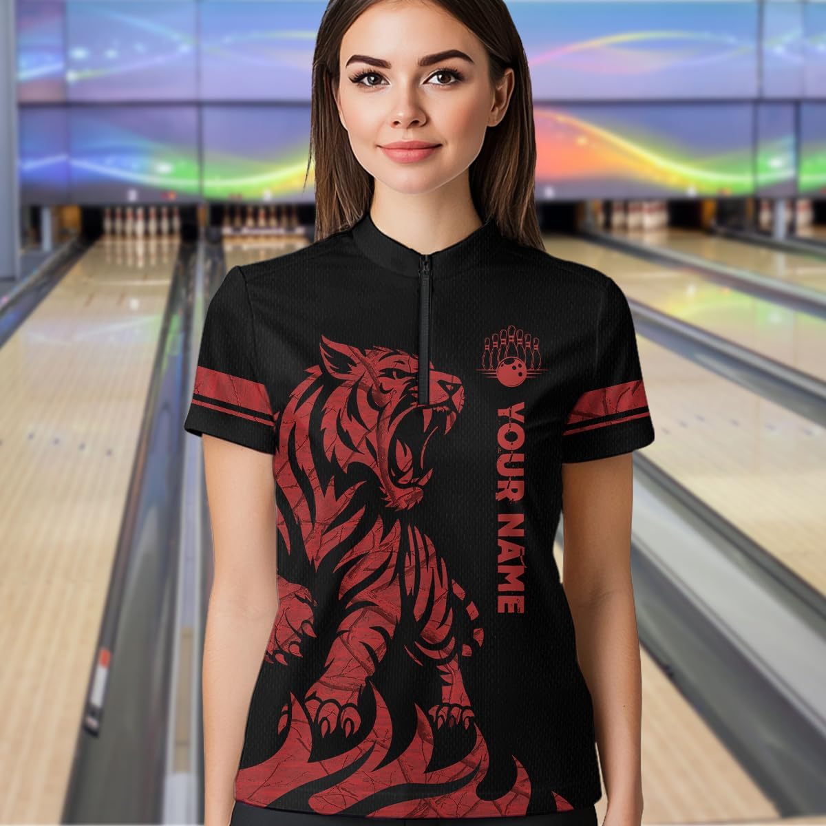 Pink Red Tiger Bowling Shirts for Team Custom Bowling Jerseys for Women Men Bowling Polo and Bowl Quarter Zip Shirt