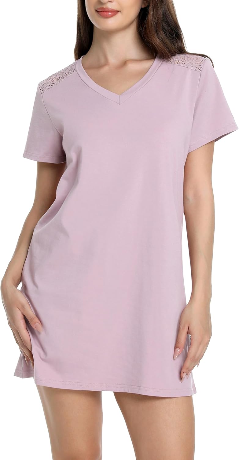 Cotton Nightgowns for Women V Neck Sleepshirt Short Sleeve Soft Sleepwear Nightdress - Image 2