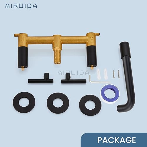 Miniatura 9 de Airuida Grifo de lavabo de baño extendido montado en la pared, grifo mezclador de lavabo de tocador, 2 manijas de palanca, 3 agujeros, caño