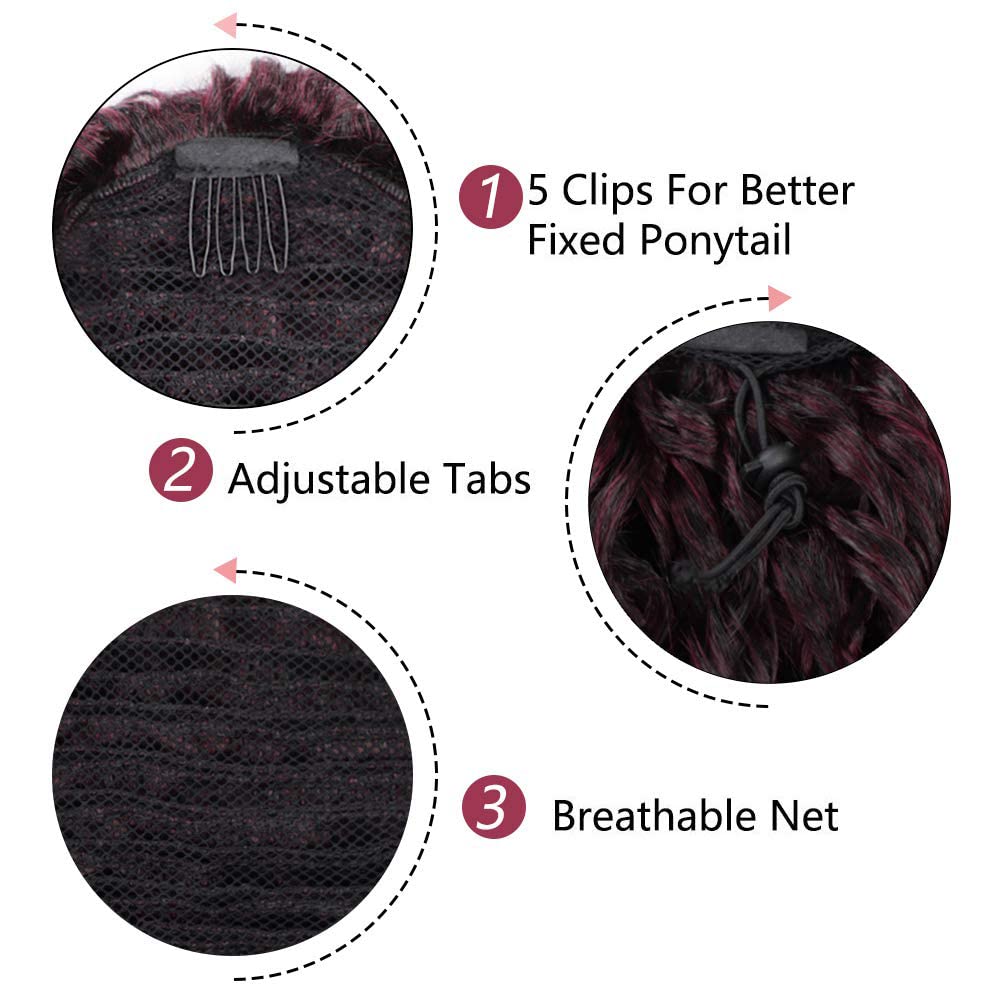 AISI BEAUTY Afro Curly Ponytail Extension Drawstring Ponytail for Black Women 14 Inch Synthetic Hairpieces with 2 Clips for Women (Mix Burgundy with Burgundy Ends)