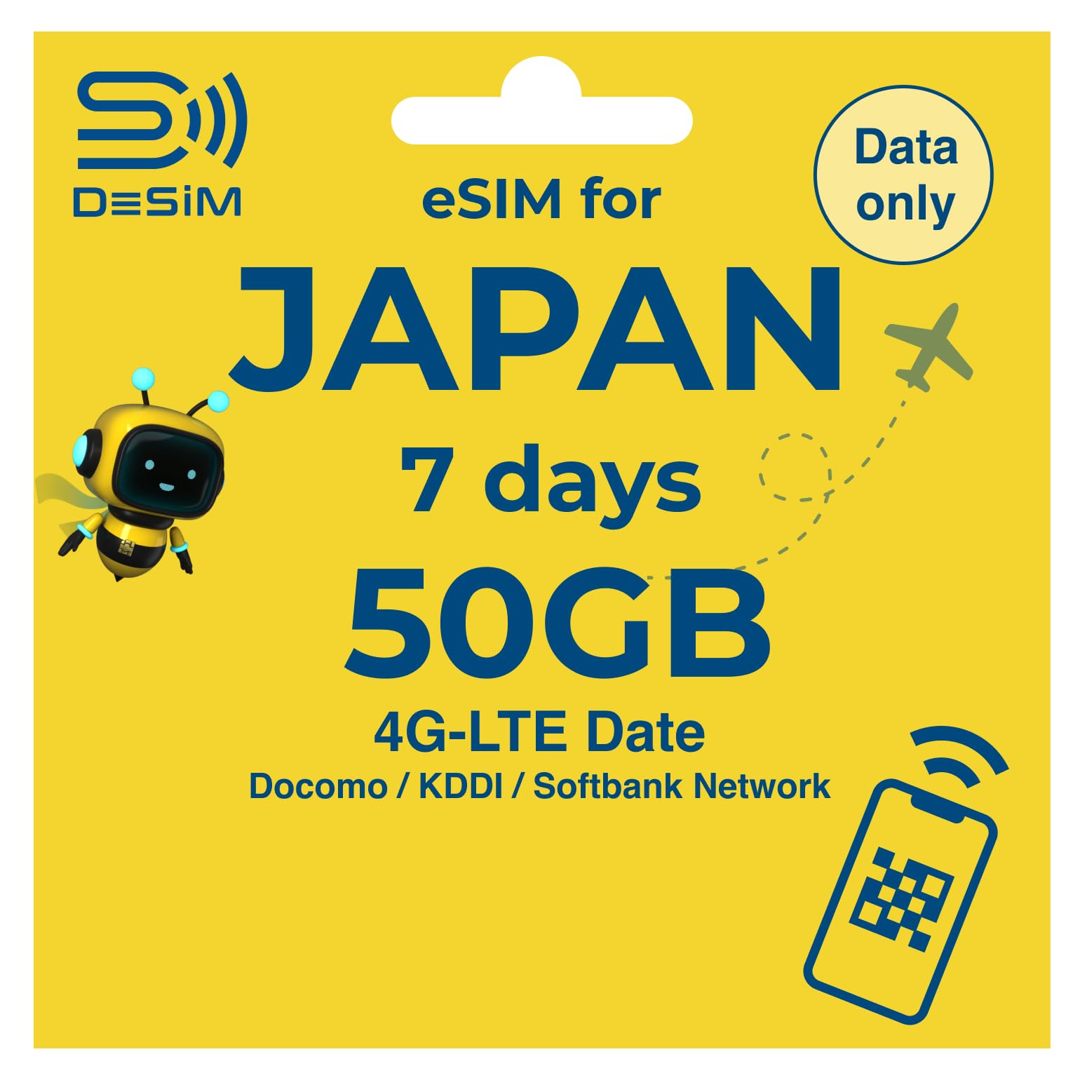 DeSiM eSIM japonesa de 7 días, 50 GB, solo datos, datos de alta velocidad (7 días), multired, cable QR de fácil activación, anclaje, sin voz/SMS, soporte local, tarjeta SIM prepagada para eSIM de