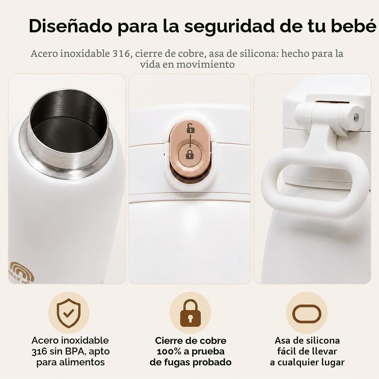Calentador de Biberones Portátil Sin Cable 500ml, Agua y Leche Materna, Viaje/Coche/Noche, Cepillo Incluido, Diseño Dorado Premium Auto-Pasteurización