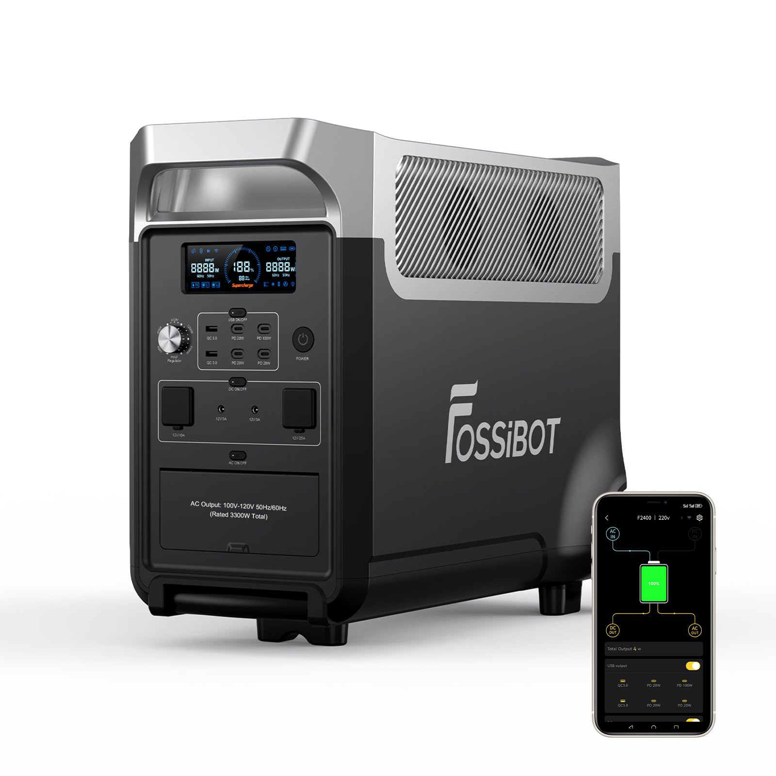FOSSiBOT F3600 Pro Powerstation mit 3840 Wh Akku, 3x230V AC Ausgang 3600W (7200W Peak) Solargenerator für Zuhause, Camping, Wohnmobil