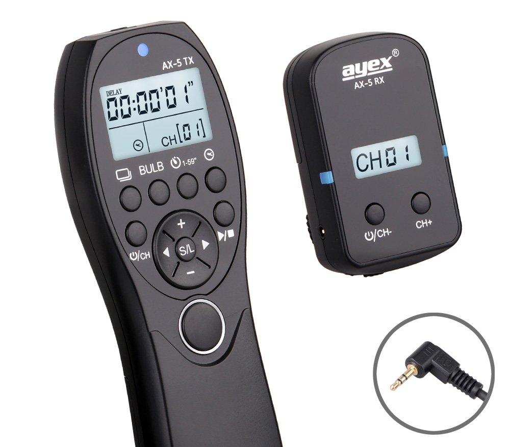 ayex AX-5 scatto remoto wireless con timer - compatibile con Canon (E3) EOS R, RP, 80D, 1500D, 1300D, 1200D, 1100D, 760D, 750D, 650D, M6 ecc.