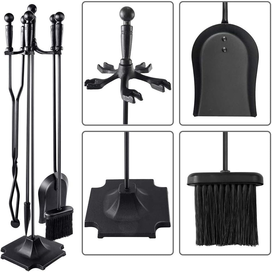 5-Piece Black Fireplace Tools Set - Heavy Duty Wrought Iron Fire Place Toolset with Poker, Shovel, Tongs, Brush and Stand - Easy to Assemble