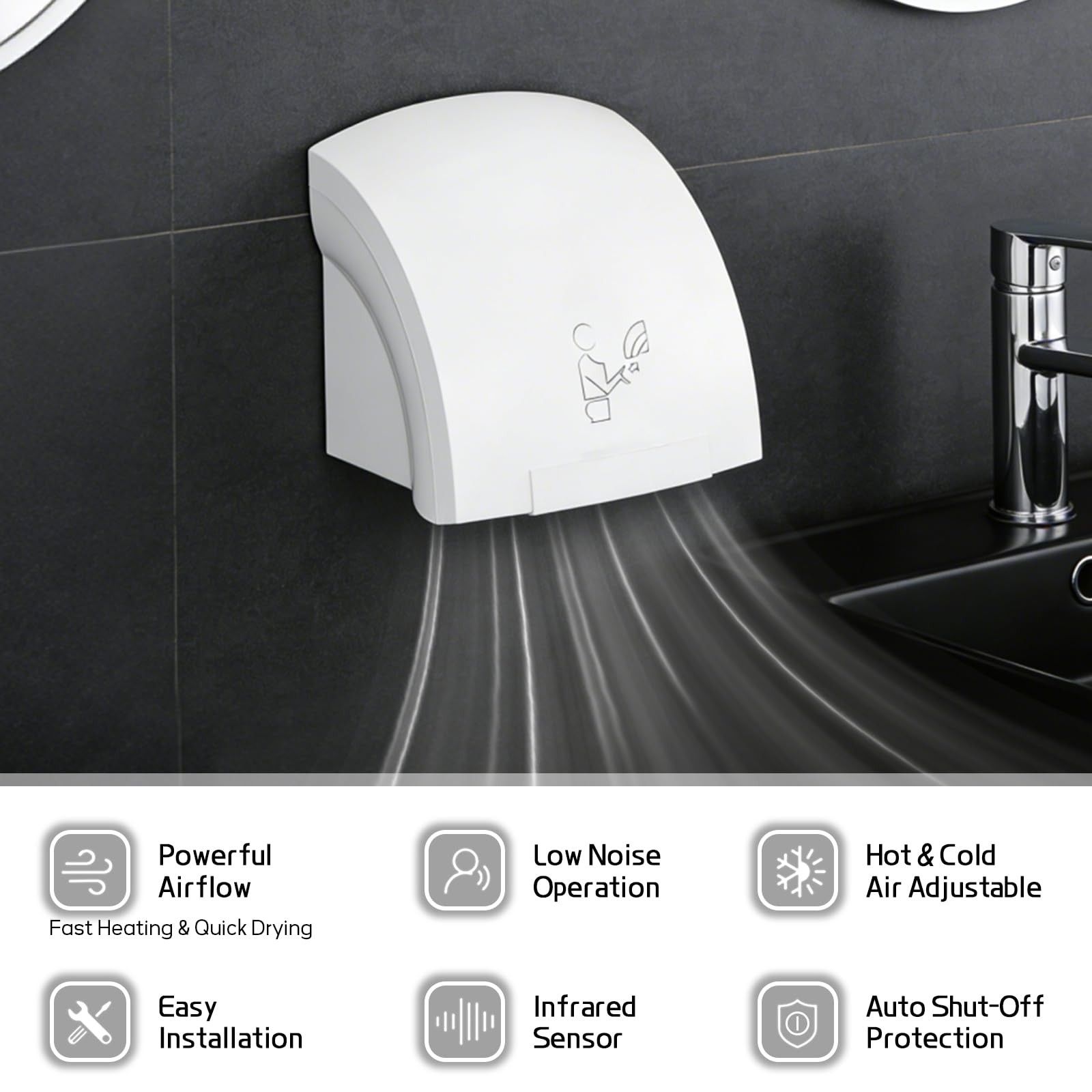 JAOGAUS Secador de manos automático de 1800 W, secador de manos eléctrico montado en la pared, secado rápido, bajo nivel de ruido, aire caliente y frío, opción sin taladrar o taladrar para oficina y