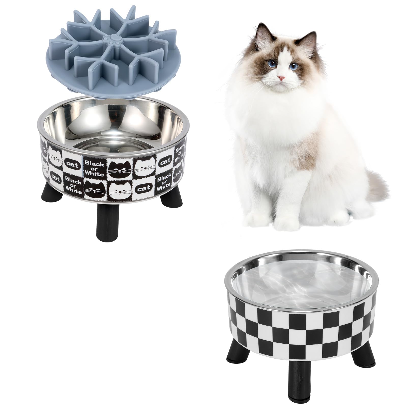 2PCS Elevated Cat Bowls with Slow Feeder, Wide Raised Stainless Steel Cat Dishes Plastic Stand Silicone Slow Food Dispenser, Whisker Friendly Pet