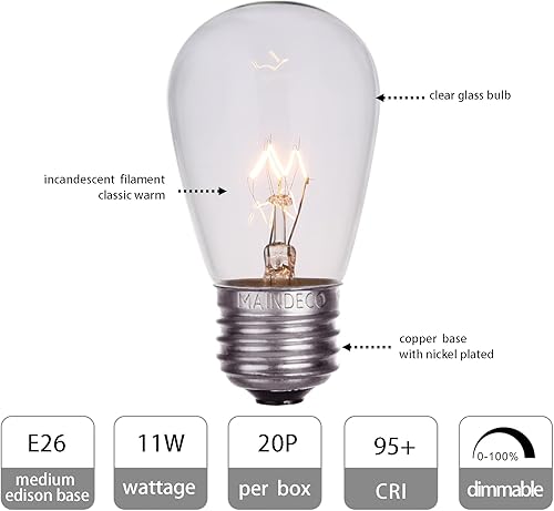 Miniatura 2 de MAINDECO Paquete de 20 bombillas de repuesto S14, bombillas Edison incandescentes cálidas de 11 W con base media E26 para luces de patio al aire