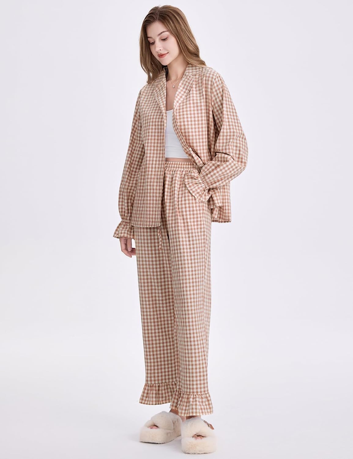 Flygo Womens Gingham Pajamas Sets Cotton Plaid Pjs Ruffled Sleeve Button Down Shirt Pants Y2k 2 Piece Lounge Set - Image 5
