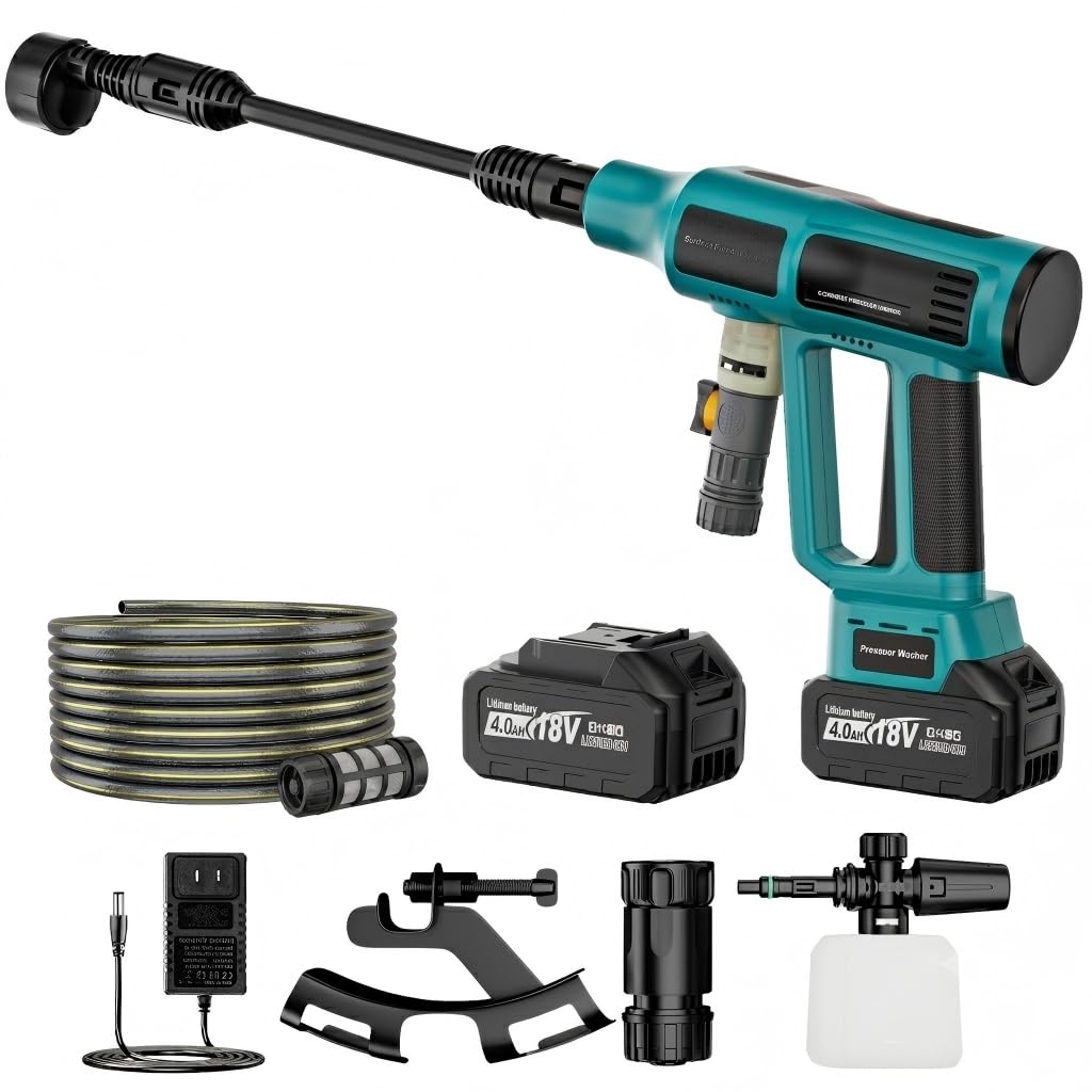 Limpiador de alta presión con batería de 700 psi, compatible con baterías Makita de 18 V, limpiador de alta presión portátil con 2 baterías de 4,0 Ah, boquilla 6 en 1, pulverizador de espuma, manguera