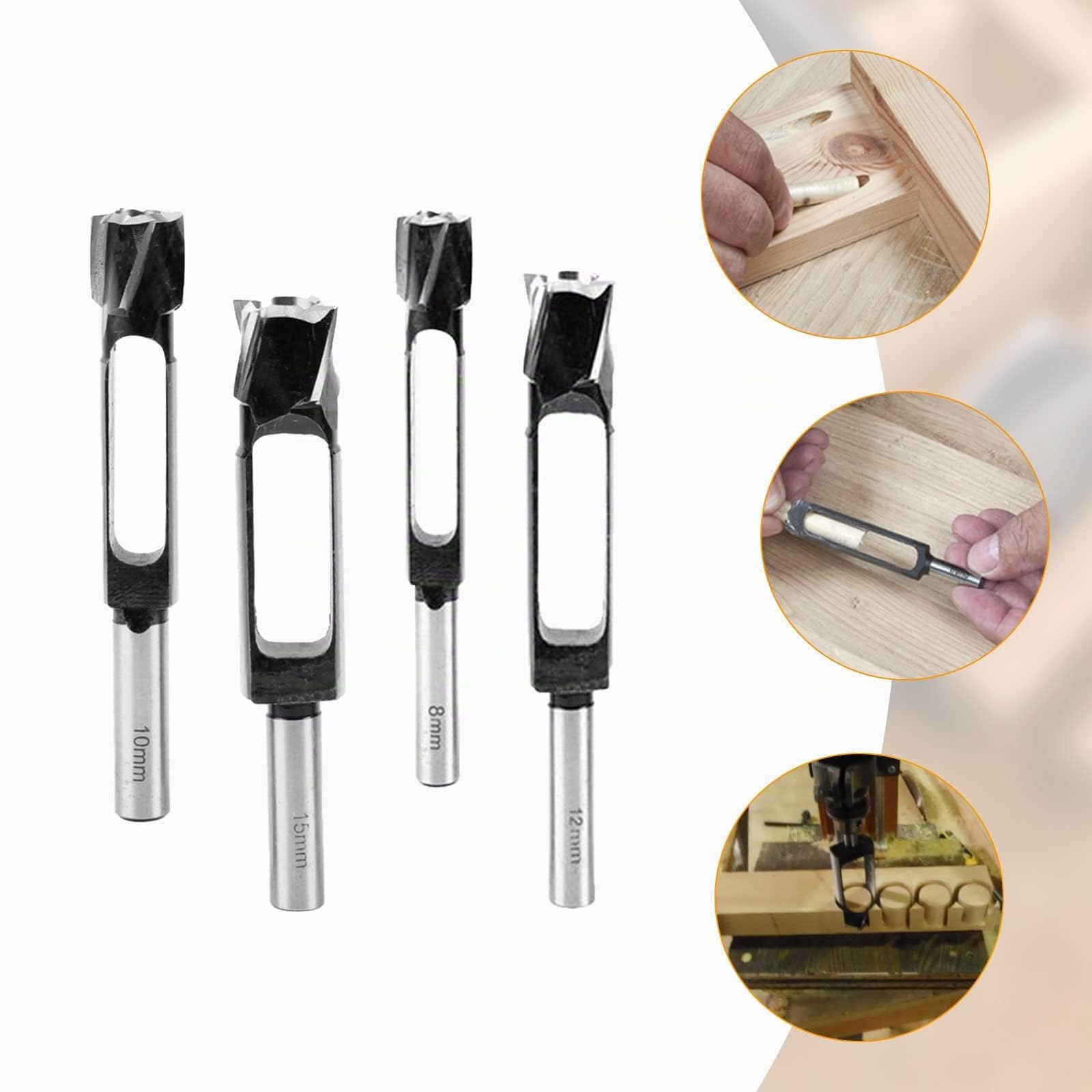 Juego de 4 brocas de espiga profunda para trabajos de carpintería, 8 mm/10 mm/12 mm/15 mm, diámetro cortador de agujeros para madera, cajas de brocas (8 mm/10 mm/12 mm/15 mm)
