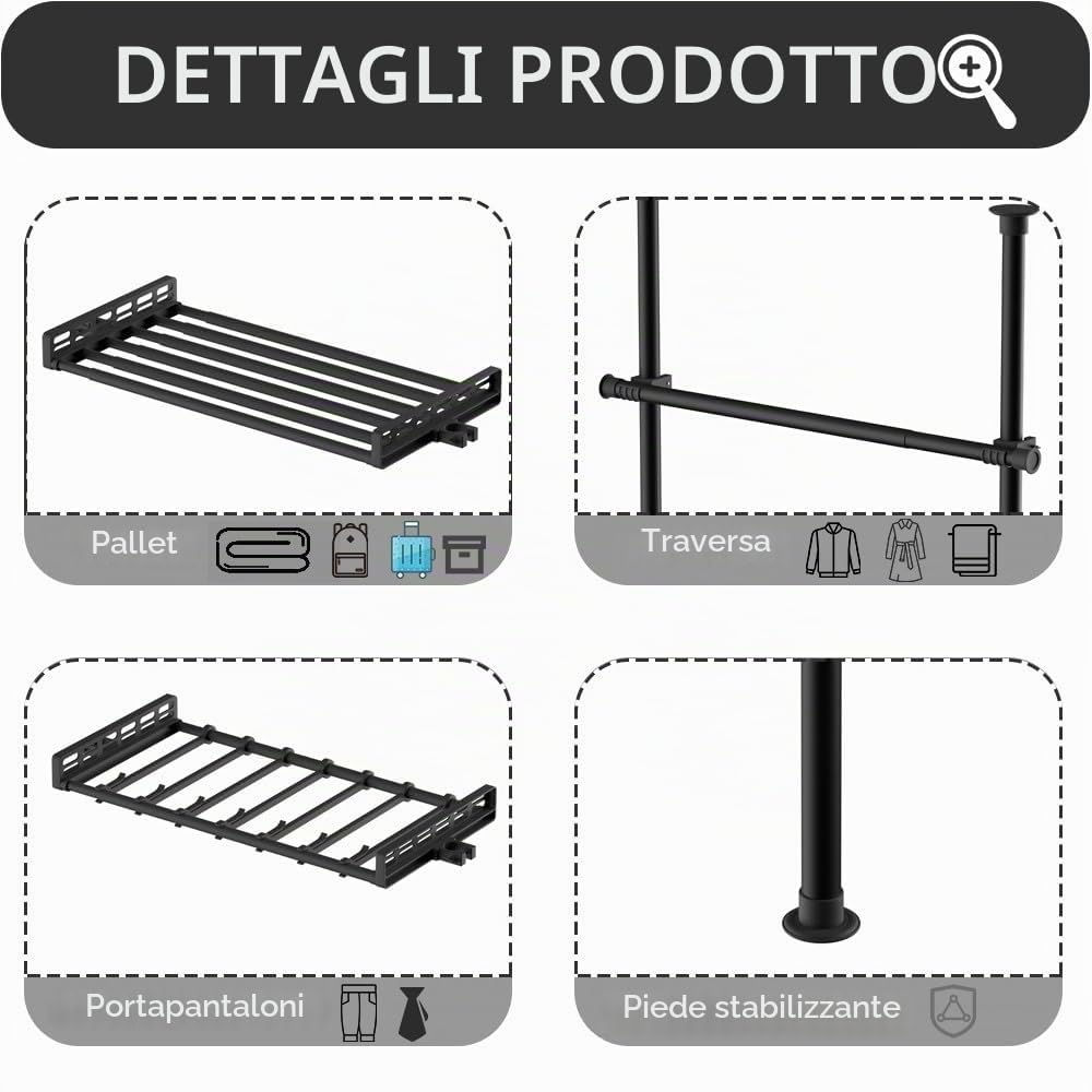 Armadio Telescopico con Portapantaloni e Telai a Rete, Cabina Armadio Componibile, Appendiabiti Industrial Loft Design, Appendiabiti Industrial Loft Design, per Camera da Letto