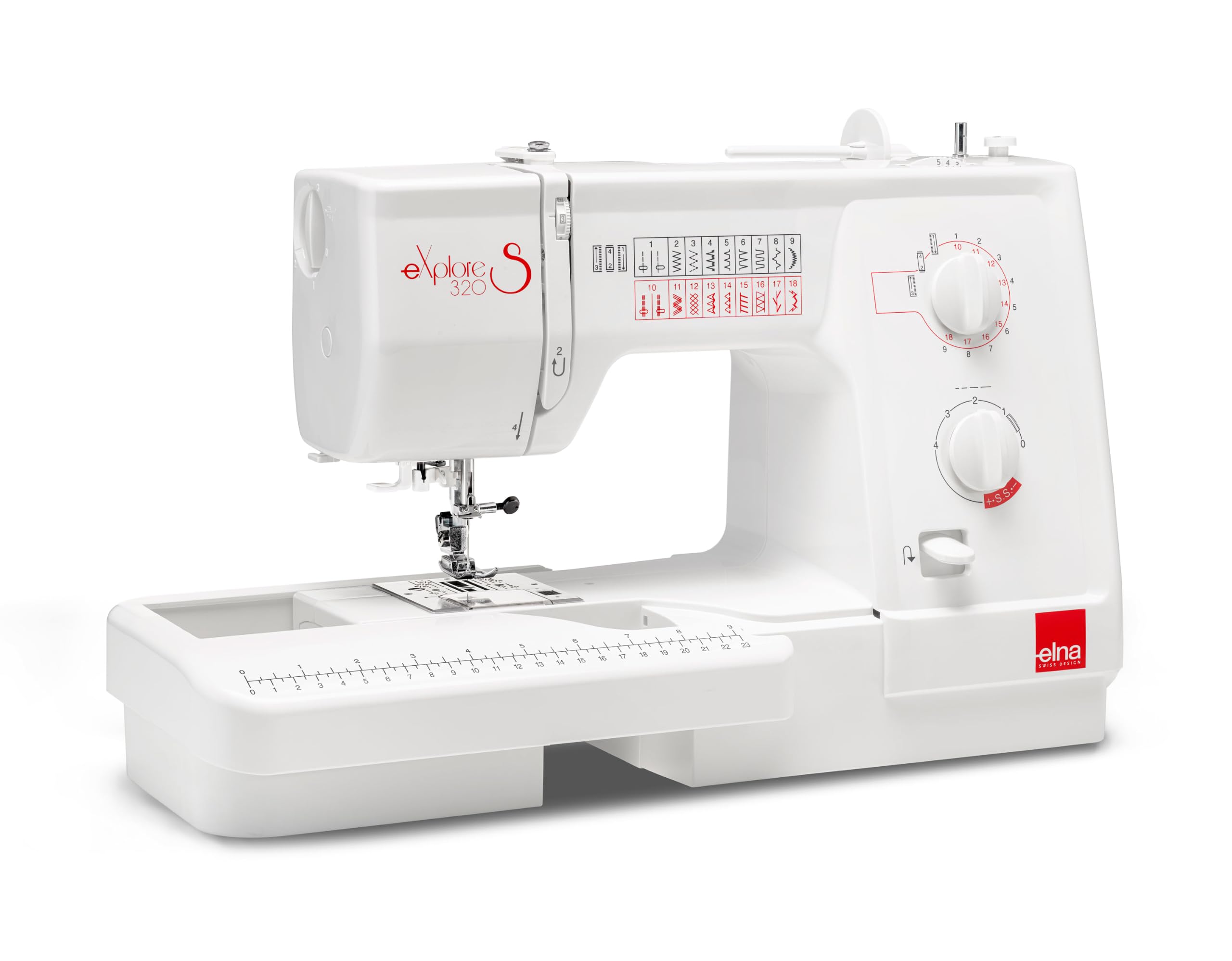 Elna Explore Macchina da cucire meccanica degli anni '320 con 19 punti con utilità, decorativa ed elastica, bobina di ricarica superiore contro la congestione dal design portatile con dimensioni del
