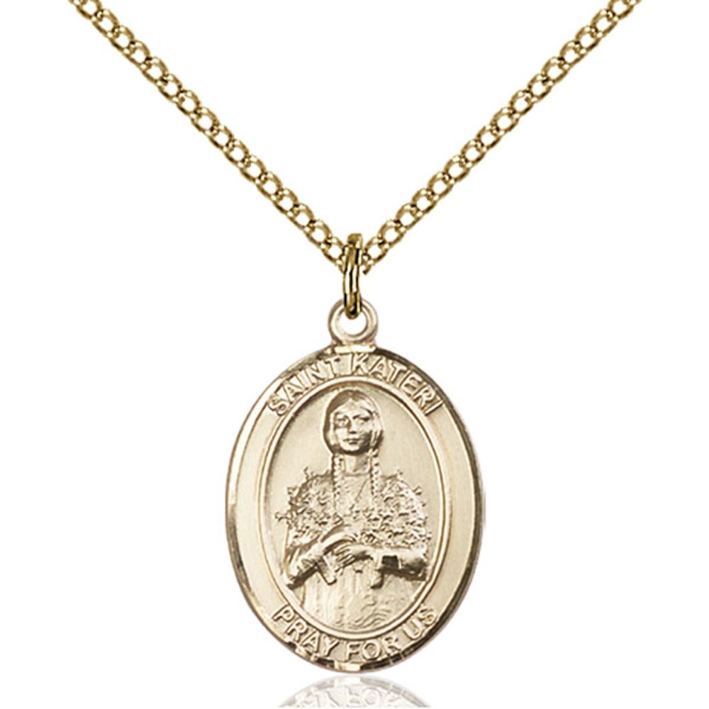 Bonyak Jewelry Saint Medal Collection Custom Engraved Gold Filled St. Kateri Pendant 3/4 x 1/2 inches with Gold Filled Lite Curb Chain