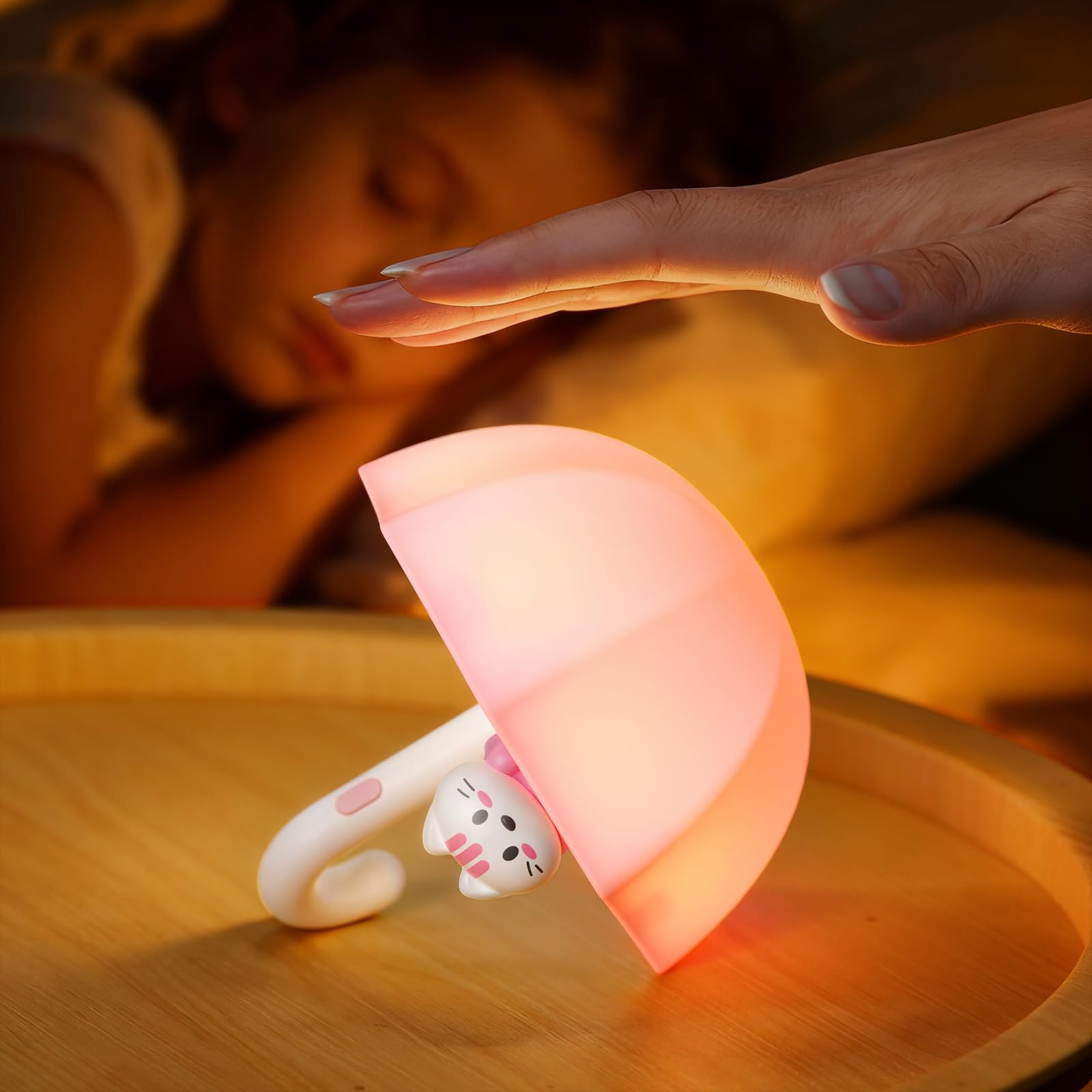 LED Umbrella Night Light Rechargeable Touch Lamp for Nursery Bedside Lamp with Cute Animal Design White Pink