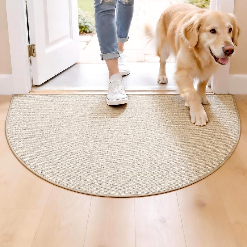 INSULLER Door Mat 30 x 17 Half Circle Non Slip Washable Entry Rug Low Profile Absorbent Doormat for Front Door Back Door Entryway Kitchen Soft Semicircle Indoor Floor Mat Khaki