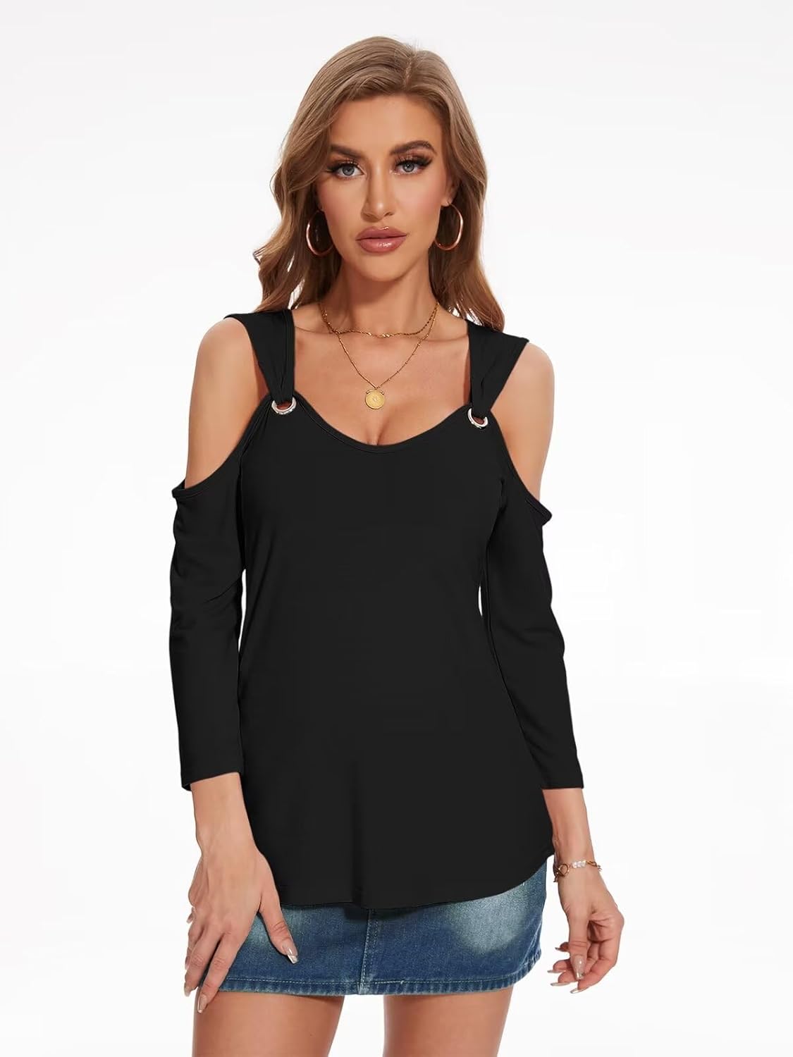 Minetom Women's V Neck 3/4 Sleeve Shirts Cold Shoulder Tops Basic Summer Tees - Image 2