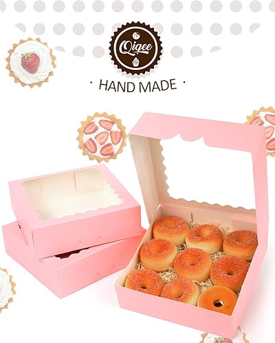 Miniatura 4 de qiqee Cajas de panadería rosadas, 50 paquetes, cajas de pastelería de 8 x 8 x 2.5 pulgadas con ventana
