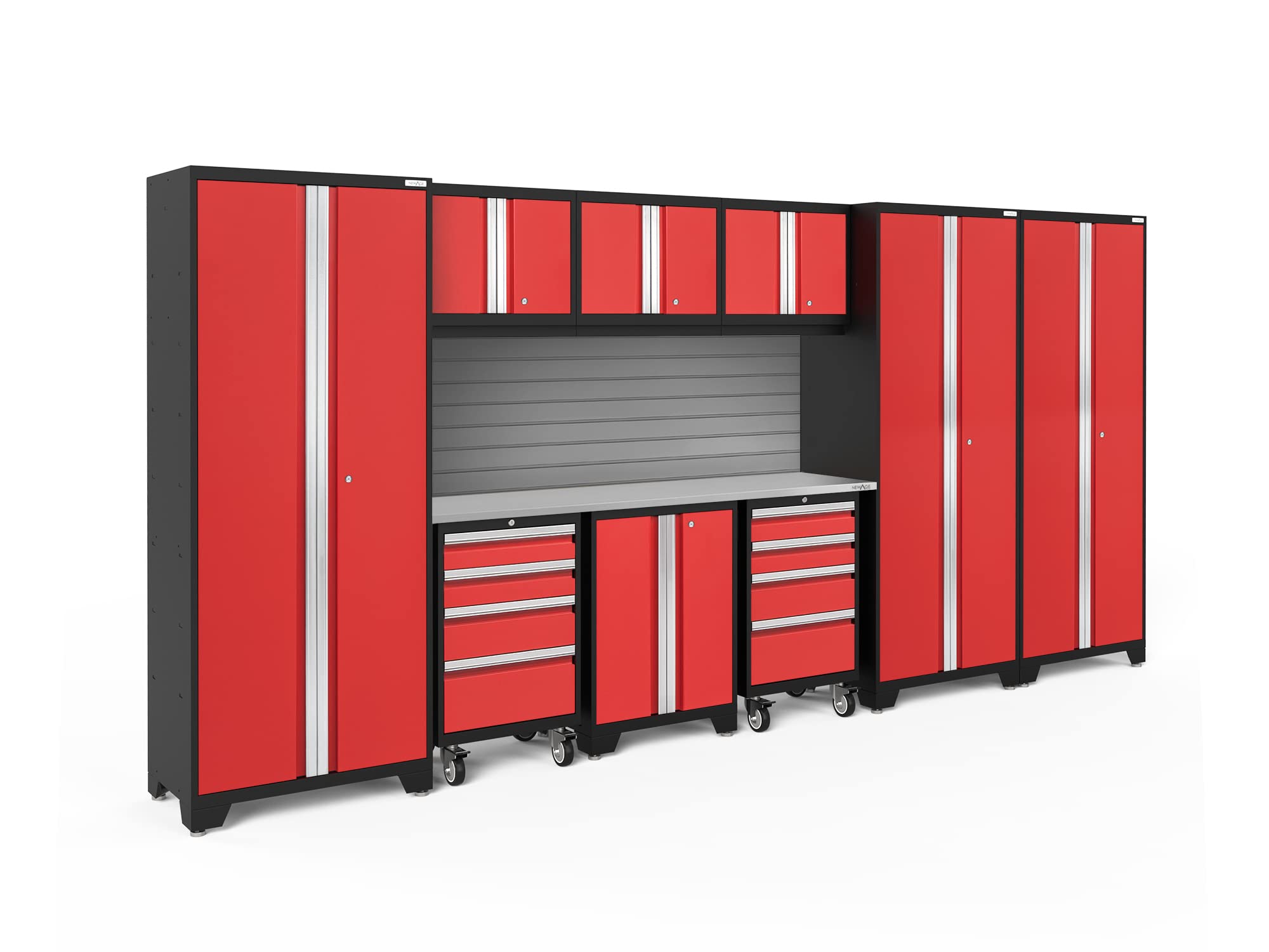 NewAge Products Red Bold Series 10PC Garage Cabinetry Set · 24-Gauge Steel · Fully Welded · 162" W x 18" D x 76.75" H, 56386